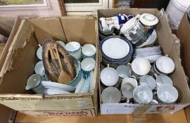 Two boxes of ceramics to include Harrods part tea service, Wedgwood souvenir mug, etc