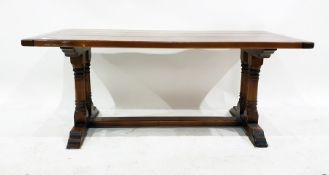 Rectangular oak plank top coffee table with cleated end supports, on trestle-style base, 121.5cm