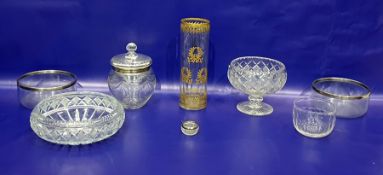 Cut glass biscuit barrel and cover with silver rim, a 19th century glass vase of cylindrical form