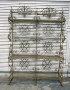 19th century French wrought iron shelf unit with scrolled decoration, the base stamped 'Mazieres