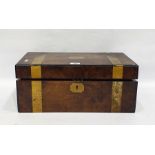 Victorian walnut writing box of rectangular form with brass inlaid straps, the fitted interior