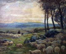 Unattributed Oil on canvas(?) Extensive moorland landscape with shepherd and sheep in foreground,