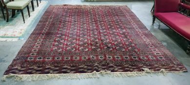 Large Eastern red ground floor rug, the central field with elephant foot guls, on a multi-margin