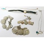 Quantity of costume jewellery including a marcasite pair of drop earrings, a bangle with floral