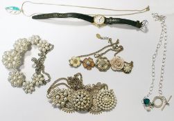 Quantity of costume jewellery including a marcasite pair of drop earrings, a bangle with floral