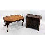 Reproduction oak small coffer with double-framed panelled top and a 20th century walnut piecrust