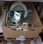 Box of assorted ceramics and glassware to include glass vase, wine glasses, etc