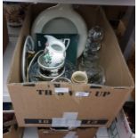 Box of assorted ceramics and glassware to include glass vase, wine glasses, etc