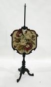 19th century rosewood-framed needlework pole screen on turned pole to three cabriole supports