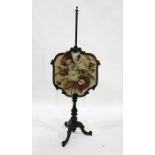 19th century rosewood-framed needlework pole screen on turned pole to three cabriole supports