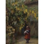 Alfred William Strutt (1856-1924) Oil on board Girl in courtyard holding cat under a laburnum