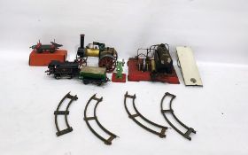 Box of assorted Hornby 'O' gauge railway to include No.50 lumber wagon, a Hornby type 40 train