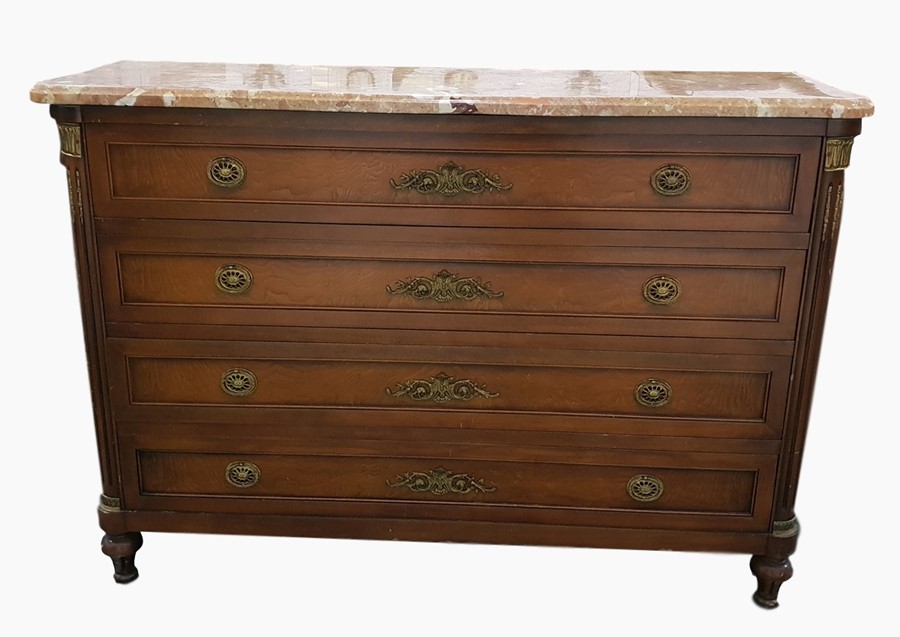20th century marble topped French style four-drawer commode with gilt decorated column style