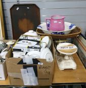 Box of ceramics together with Mellins food weighing scales, wooden tray, etc