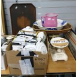 Box of ceramics together with Mellins food weighing scales, wooden tray, etc