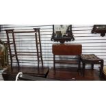 Woven leather topped stool on tapering supports, a mahogany drop-leaf coffee table and a mahogany