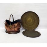 Two Middle Eastern brass/copper chargers and copper coal scuttle