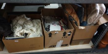Three boxes of assorted vintage textiles including a 1940's wedding dress, embroidered and other