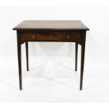 Antique mahogany side table with single drawer having brass foliate knob handles, on square tapering