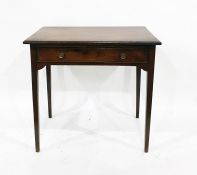 Antique mahogany side table with single drawer having brass foliate knob handles, on square tapering