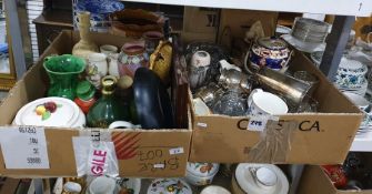 Two boxes of assorted ceramics, glassware and silver plate to include a pair of vases, silver