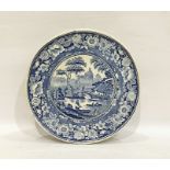 19th century underglaze blue transfer-printed pottery comport, circular with river boating scene