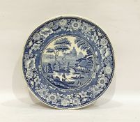 19th century underglaze blue transfer-printed pottery comport, circular with river boating scene