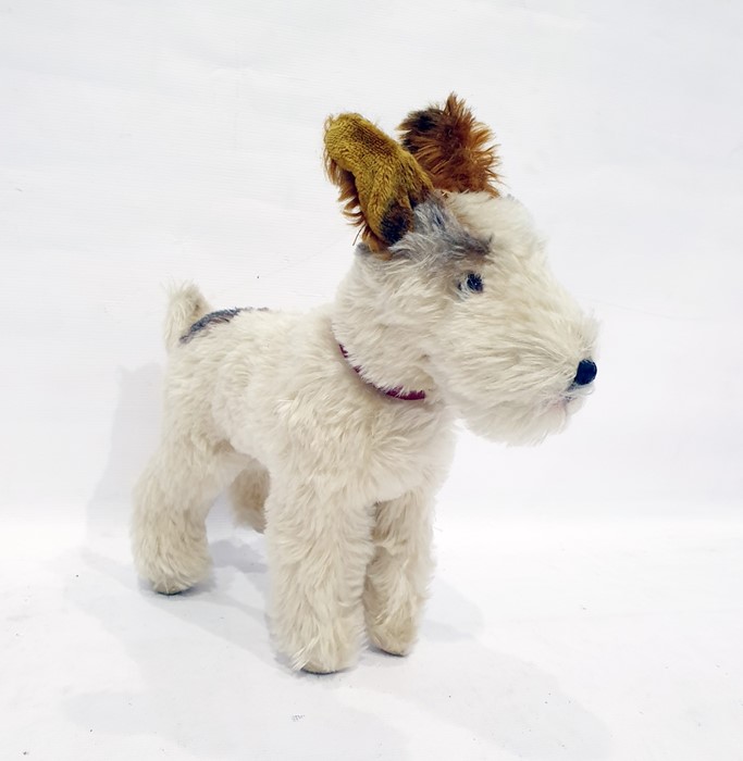 White and brown spotted dog with glass eyes and stitched nose, height 31cm