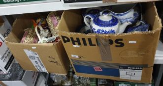 Two boxes of assorted ceramics to include Washington 'Old Willow' part tea service, jugs, etc