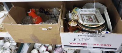 Two boxes of assorted glassware and ceramics to include glass vases, glass jars, Wood and Sons