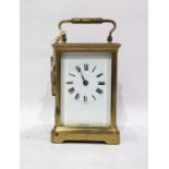 Brass carriage clock with Roman numerals to dial, marked 'Made in France'