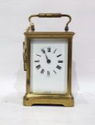 Brass carriage clock with Roman numerals to dial, marked 'Made in France'