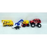 Box of plastic toys to include a red monster truck, a Evoplocephaius, a yellow crane and a yellow