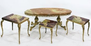 Nest of three rectangular onyx-topped coffee tables, a similar oval coffee table and three plant