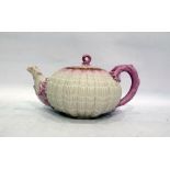 Victorian Belleek teapot of circular shell design, the handle knop and spout modelled as coral, with