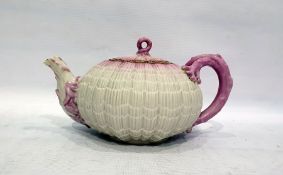 Victorian Belleek teapot of circular shell design, the handle knop and spout modelled as coral, with