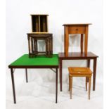 Folding card table, nest of three oak coffee tables, a pine CD rack, an inlaid lift-top coffee