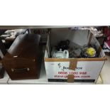 Three boxes of assorted household items including a clock, small wooden trunk, Royal Worcester '
