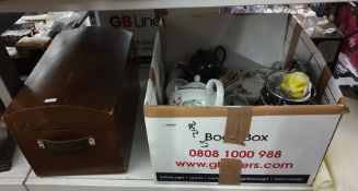 Three boxes of assorted household items including a clock, small wooden trunk, Royal Worcester '