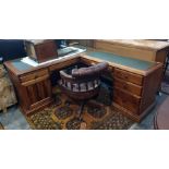 Lyon Furniture office corner desk with leatherette inset top and a brown button-back and seated