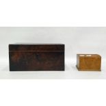 Georgian burr wood tea caddy of plain rectangular form, the interior fitted with two matching hinged
