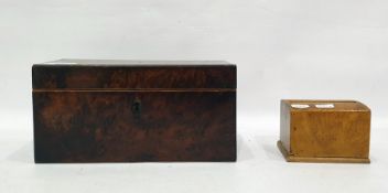 Georgian burr wood tea caddy of plain rectangular form, the interior fitted with two matching hinged
