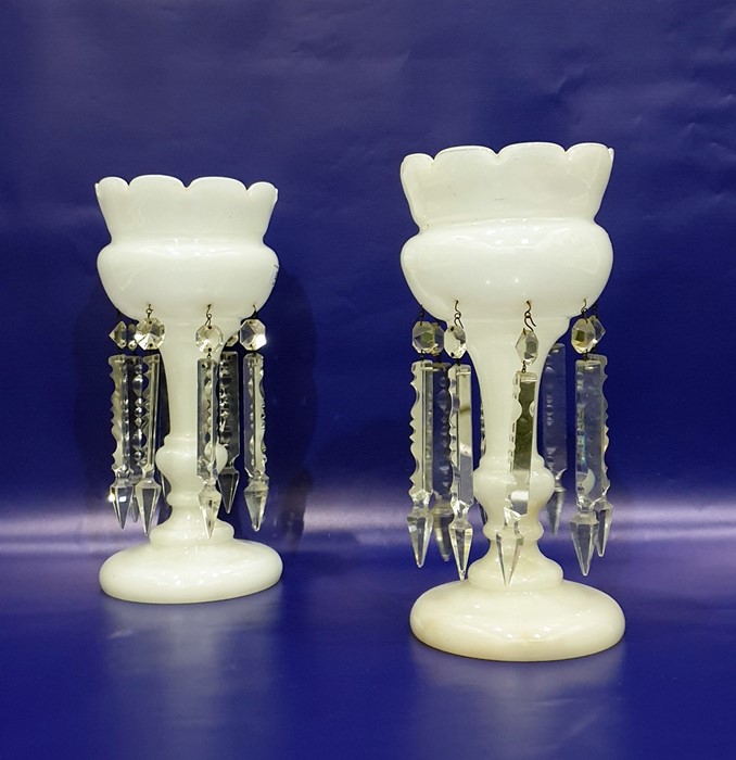 Pair of Victorian lustre vases, the opaque white glass vases hung with cut glass lustres, 32cm