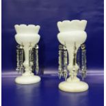 Pair of Victorian lustre vases, the opaque white glass vases hung with cut glass lustres, 32cm