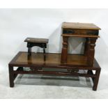 Chinese hardwood coffee table with later oak inset panel, small oak stool and a square topped