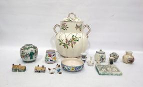 Large late Victorian two-handled jar and cover with printed floral decoration, a Poole pottery mug