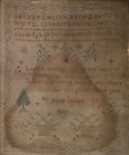 Early Victorian needlework sampler with motto and alphabet, dated 1839, 33cm x 27.5cm