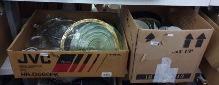 Two boxes of assorted glassware and ceramics to include glass cake stand, Arabia part dinner