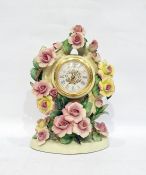 "The Capodimonte Roses of Romance" clock, the case decorated with yellow and pink roses, 27cm high