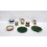 Two Masons ironstone graduated jugs, two majolica green leaf moulded plates, Royal Doulton '